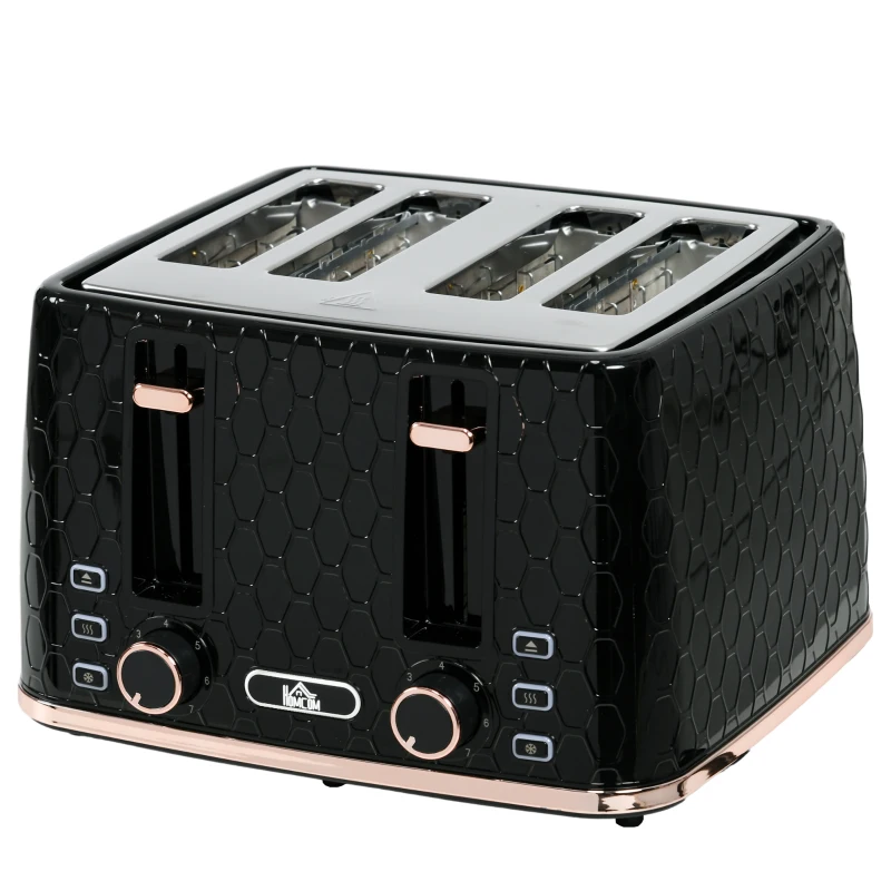 HOMCOM 4-Scheiben-Toaster mit 7 Bräunungsstufen, High-Lift, Aufwärmen/Auftauen/Abbrechen, 1860W, Schwarz mit Wabenstruktur
