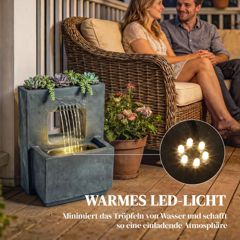 Outsunny Fontein 2-staps Tuinfontein met LED Verlichting Plantenbak Pomp Steenlook, Verstelbaar 45 x 31,5 x 58,5 cm
