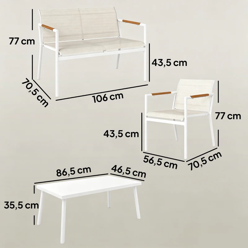 Outsunny Gartenmöbel Set Sitzgruppe für 4 Personen Atmungsaktiv Gartenlounge mit 2er Sofa 2 Sessel Metall-Tisch Fußpads