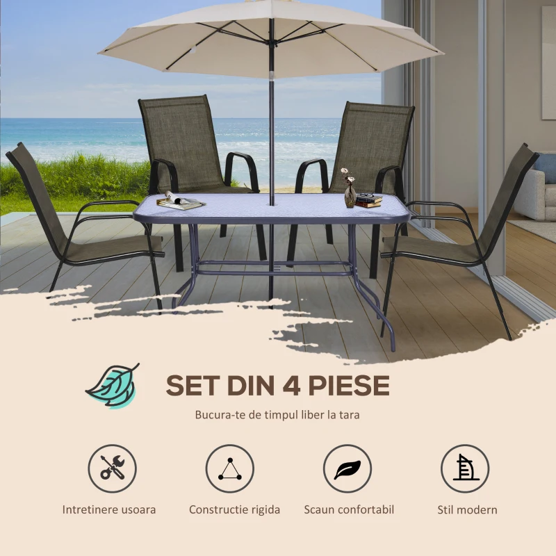 Outsunny Set 4 Piese Scaune de Gradina cu Cotiere, Scaune de Exterior Stivuibile din Metal si Tesatura Respirabila, Maro