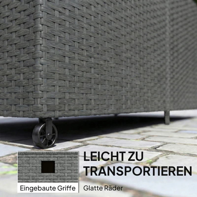 Outsunny Rattan Tuinbox 650L waterdicht UV-bestendig Kussenbox met Deksel Wielen Opbergruimte 150 x 75 x 74 cm Donkergrijs