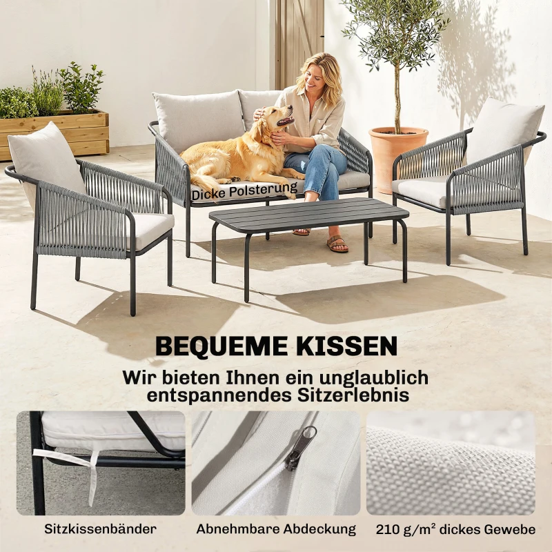 Outsunny Tuinmeubelset 4-delig polyrattan loungeset met tweezitsbank, 2 fauteuils, salontafel, afneembare kussens met banden