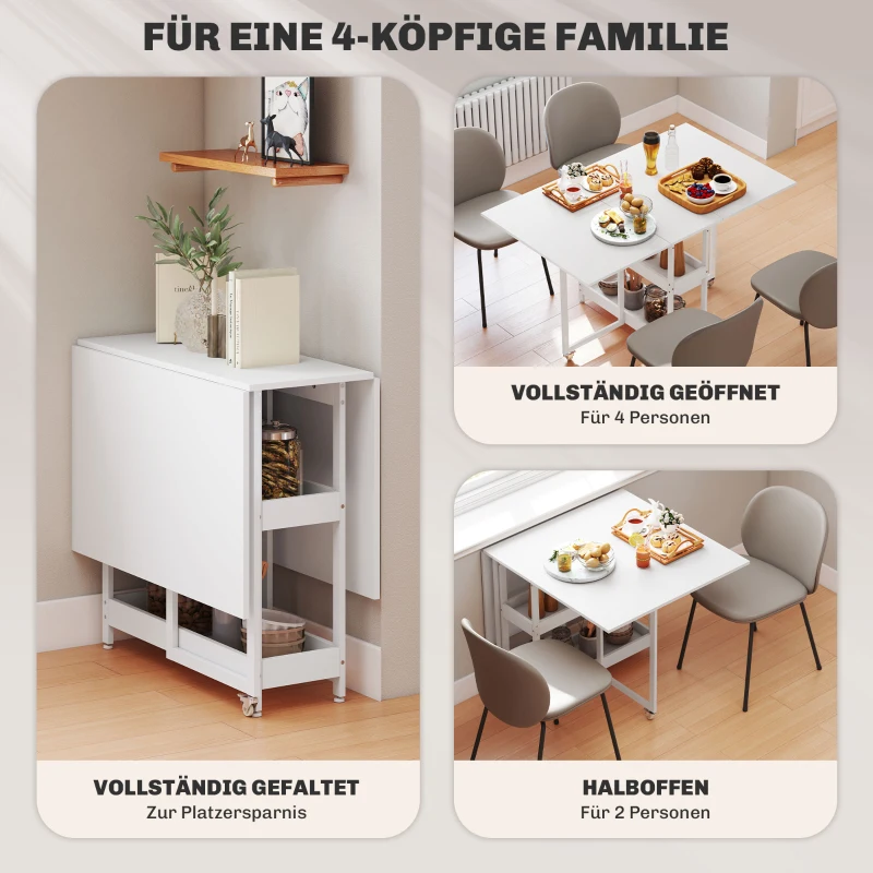HOMCOM Opklapbare eettafel in industriële stijl, voor maximaal 4 personen, met open schappen, flexibel, metaal, spaanplaat, wit(m-4)