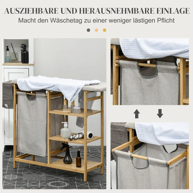HOMCOM Wasverzamelaar, multifunctioneel, strijkplank en stoffen zak 57L, bamboeframe, 113 x 34 x 82 cm, naturel/grijs(m-6)