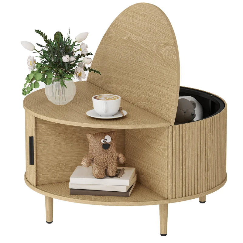 HOMCOM Tavolino Rotondo 80 cm con Piano Ribaltabile e Contenitore Nascosto, Legno Naturale