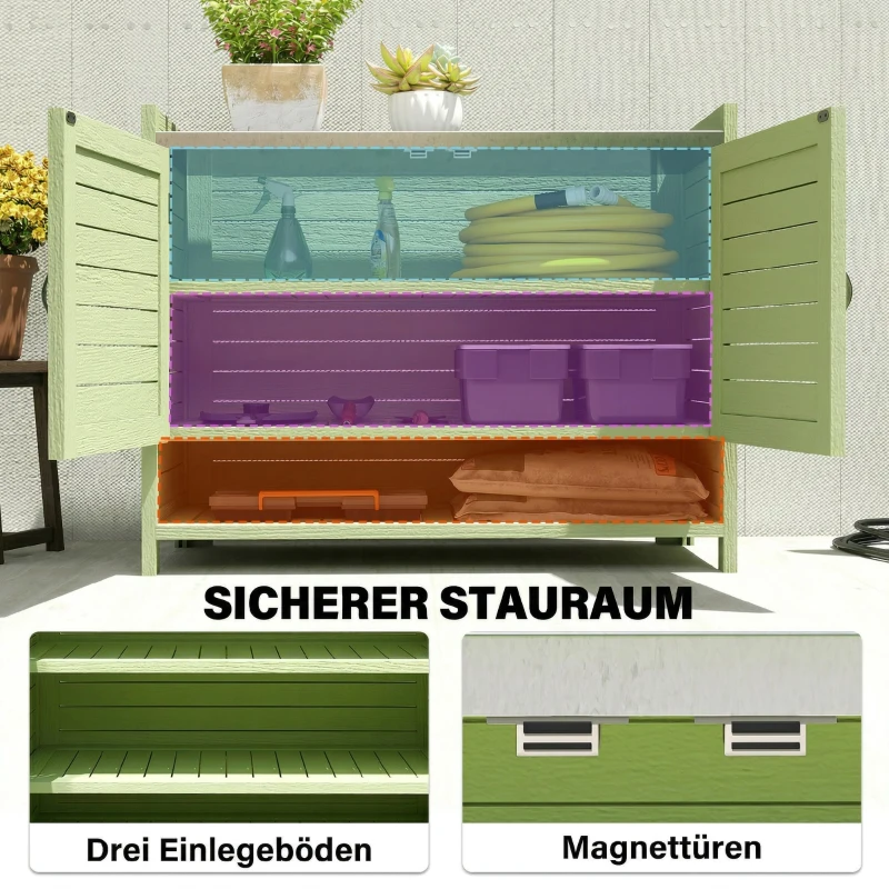 Outsunny Plantentafel met opbergkast van hout, buitenkast met verzinkt werkblad, 3 planken, 88x40x70,5 cm, groen