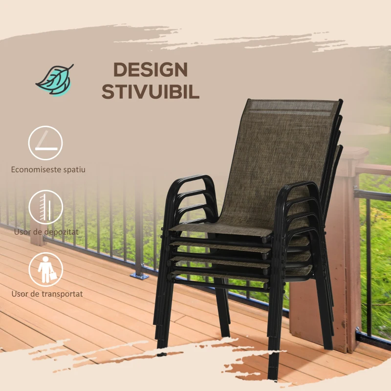 Outsunny Set 4 Piese Scaune de Gradina cu Cotiere, Scaune de Exterior Stivuibile din Metal si Tesatura Respirabila, Maro