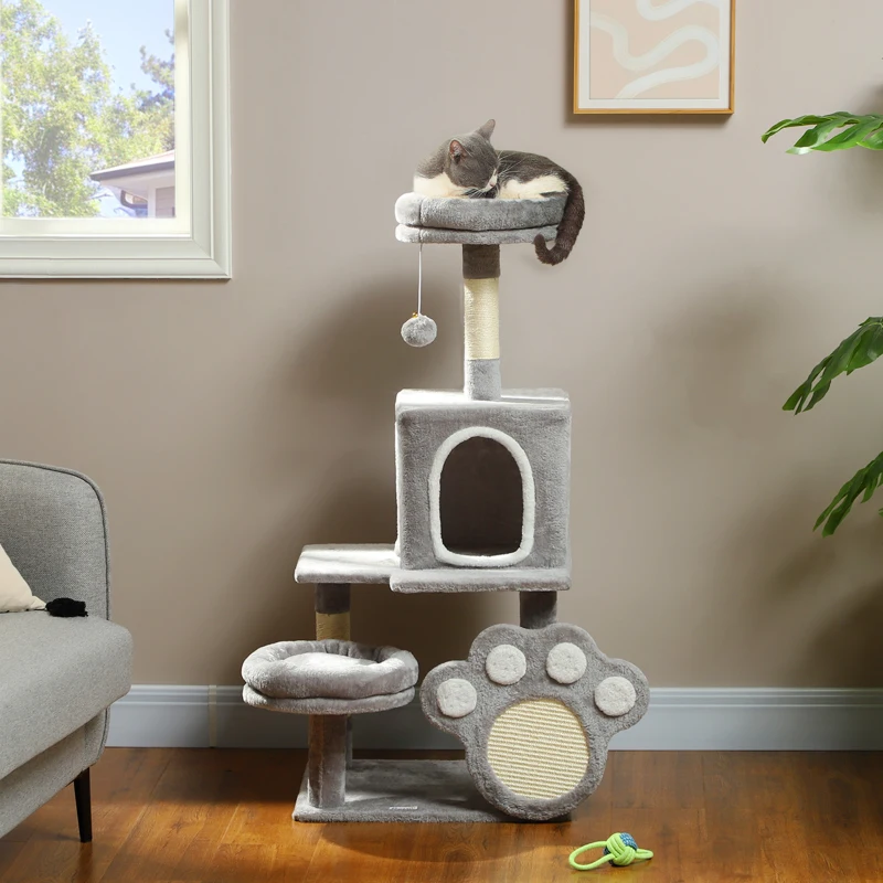 PawHut Arranhador para Gatos Torre para Gatos com Ninho Caverna Plataforma Arranhador Bola Suspensa 48x40x110 cm Cinza Claro