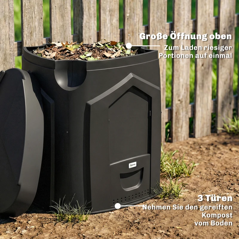 Outsunny 240L Tuincompostbak, Driehoekige compostcontainer met 3 deuren, Zwart