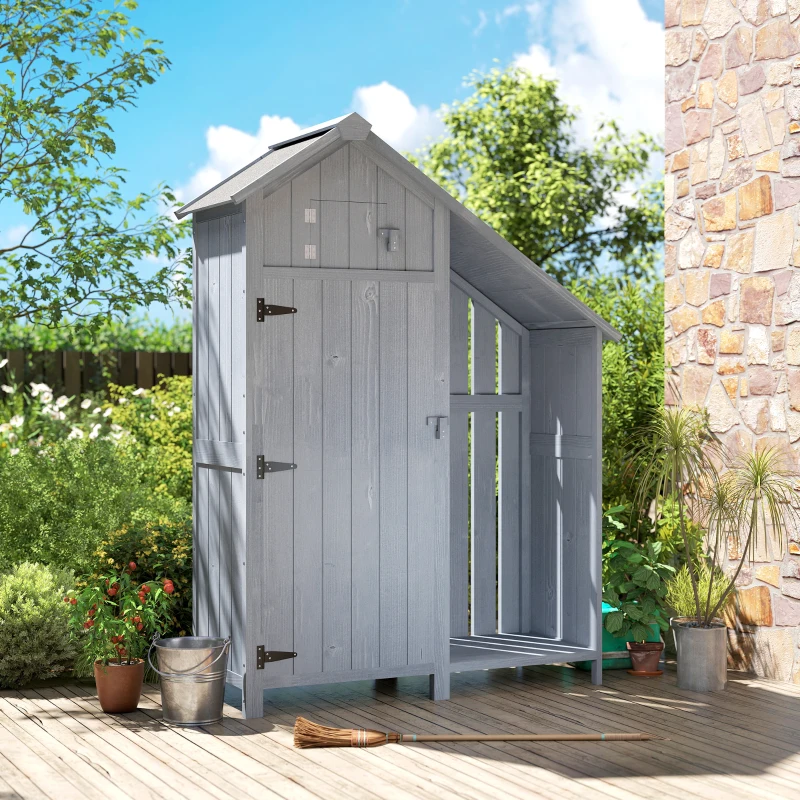 Outsunny Houten tuinkast outdoor weerbestendig met bitumendak en planken, 129 x 51,5 x 180 cm, grijs