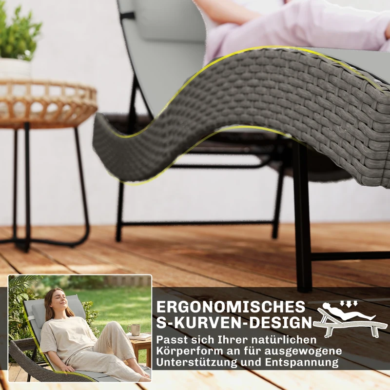 Outsunny Poly Rattan ligstoel S-vormige tuinstoel met 5-voudig verstelbare rugleuning hoofdsteun ademend UV-bestendig