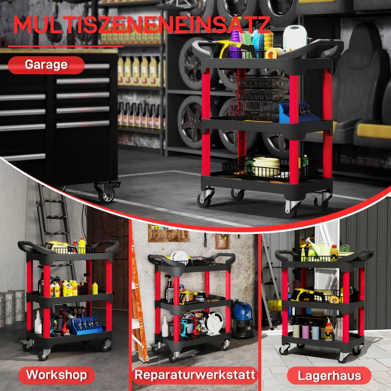 HOMCOM Gereedschapswagen met 3 Niveaus, Zijhandvatten, Wielen, Kunststof, Zwart