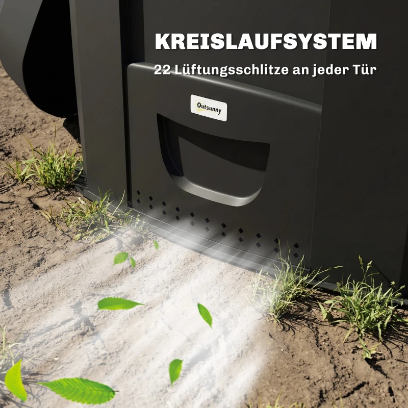 Outsunny 240L Tuincompostbak, Driehoekige compostcontainer met 3 deuren, Zwart