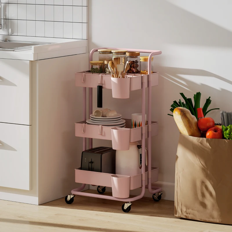 HOMCOM Chariot à 3 niveaux desserte avec 4 crochets et 3 boîtes suspendues amovibles pour 42 x 38 x 86,5 cm rose