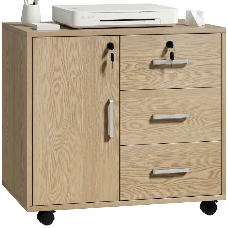 HOMCOM Caisson bureau meuble de rangement verrouillable avec 3 tiroirs et étagère réglable, roulettes, 40 x 60 x 56 cm, marron clair