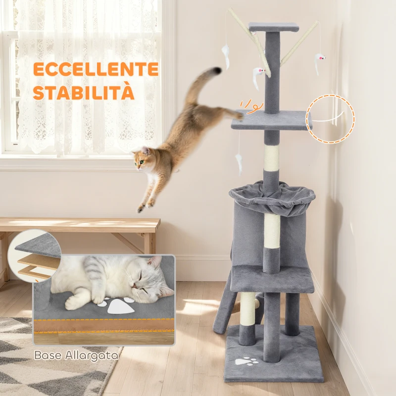 PawHut Torre per Gatti con Casetta, Trespolo, Piattaforme e 4 Topolini, in Legno, Peluche e Sisal, 60x35x134 cm, Grigio