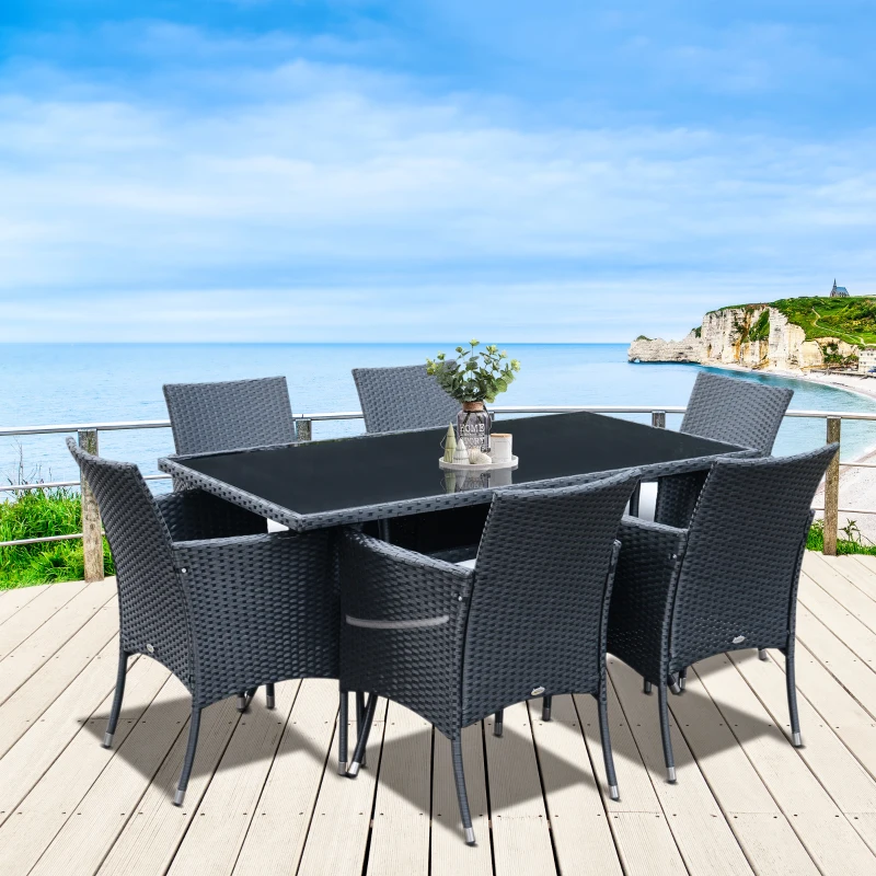 Outsunny Ensemble Salon de Jardin 6 Personnes - Grande Table rectangulaire, 6 fauteuils - 6 Coussins d'assise déhoussables Inclus - métal époxy Verre trempé 5 mm résine tressée Noire