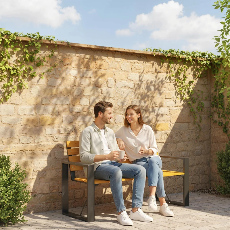 Outsunny Tuinbank 2-zits weerbestendig houten bank met lattenontwerp en armleuningen, houten zitbank tot 240 kg natuurlijk hout