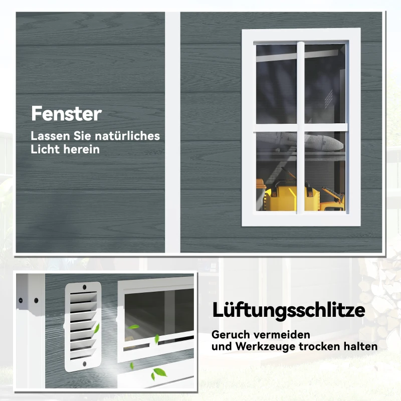 Outsunny Tuinhuis 2,89 m², Tuinschuur met houtlook 3 ramen Dubbele Deur Ventilatie Bodem Slot, 182 x 182 x 196 cm