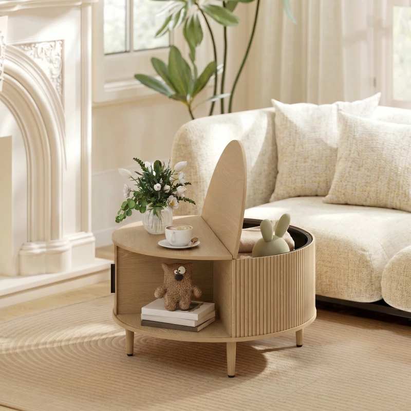 HOMCOM Tavolino Rotondo 80 cm con Piano Ribaltabile e Contenitore Nascosto, Legno Naturale