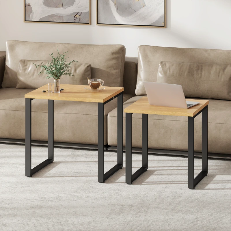 HOMCOM Couchtisch 2er Set Wohnzimmertisch mit Metallrahmen für Wohnzimmer Natur