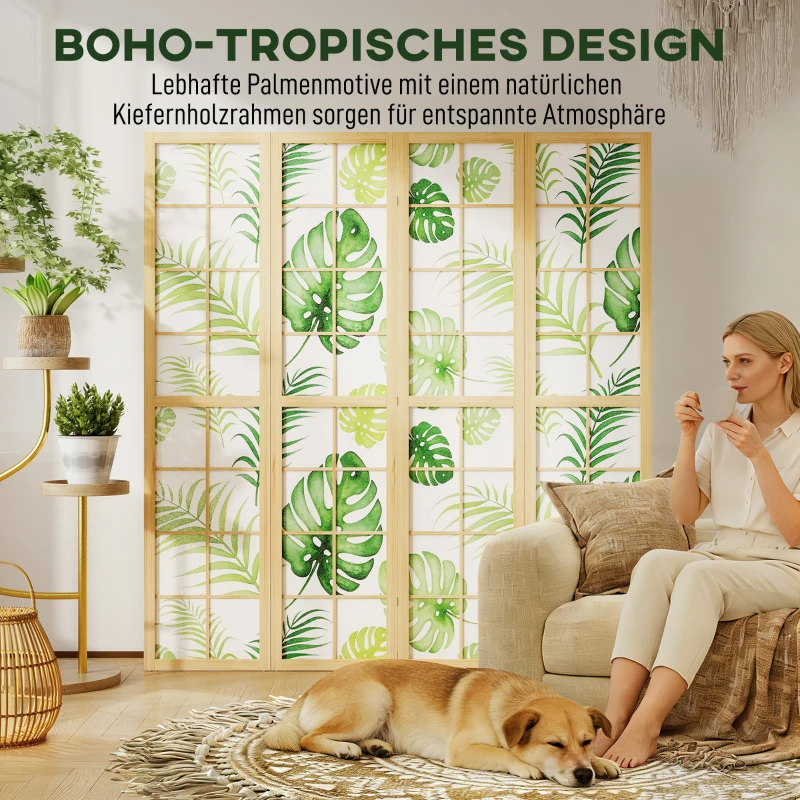 HOMCOM 4-teiliger Raumtrenner, faltbar, Boho-Design, tropisches Motiv, freistehender Raumteiler, Holzrahmen, Grün