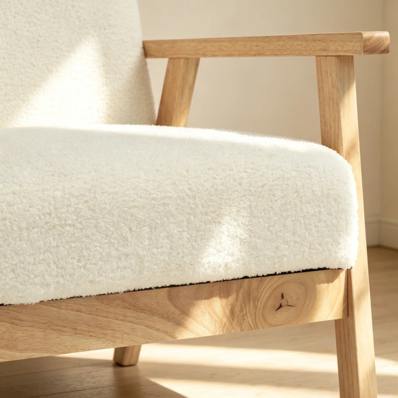 HOMCOM Modern Armchair, Sherpa Fleece Upholstered Accent Chair with Solid Wood Legs and Wide Seat, Cream White