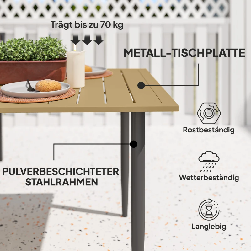Outsunny Tuintafel 150x90 cm, weerbestendige balkontafel van staal, balkontafel met parasolgat bruin