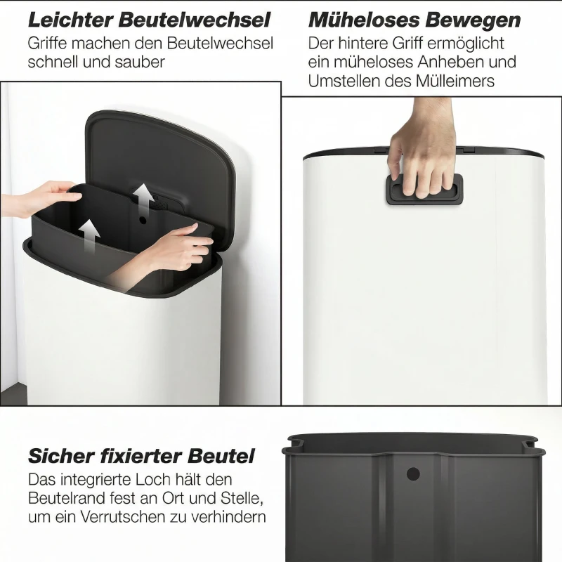 HOMCOM Keukenprullenbak 50L met Blijft-Open Functie, Soft-Close Deksel, Pedaal, Crèmewit