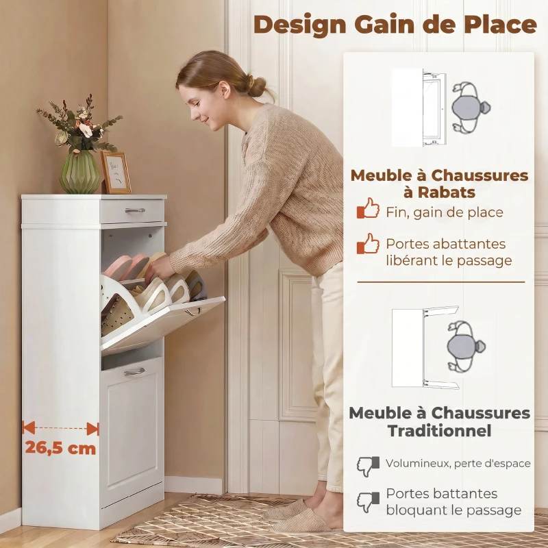 HOMCOM Meuble chaussure 8 paires, armoire à chaussures étroit avec tiroir et 2 portes abattants et étagère réglable, blanc