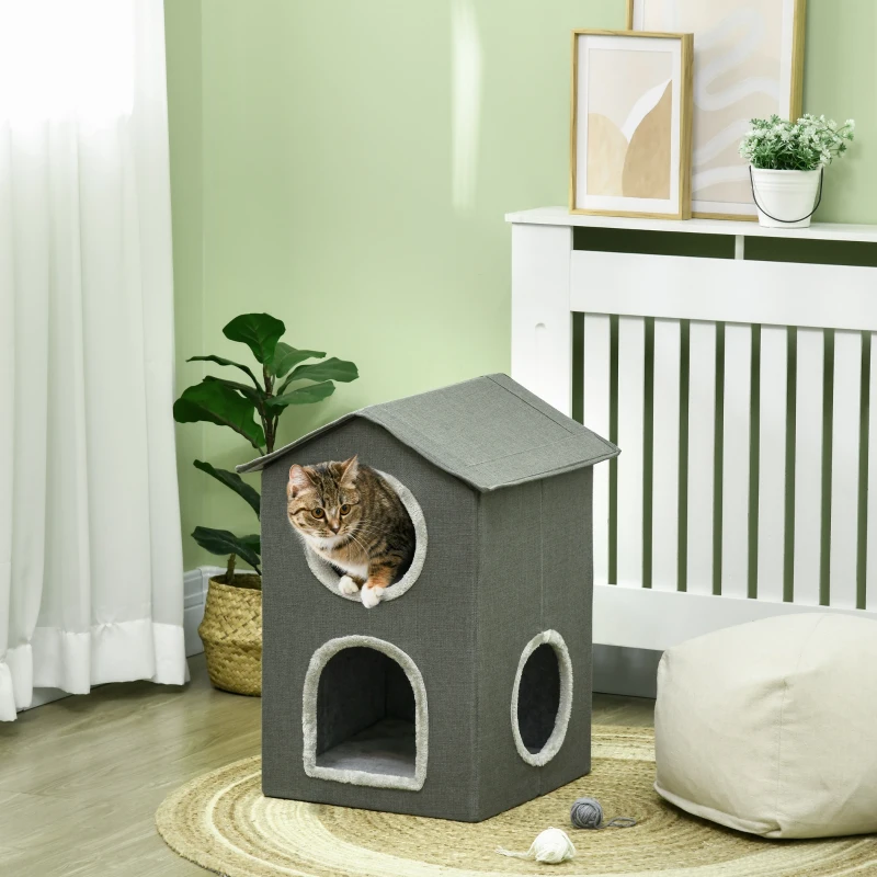 PawHut Casetta per Gatti a Due Livelli con Cuscini Lavabili 3 entrate, 42x46x59.5 cm, Grigio