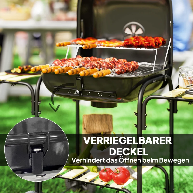 Outsunny Houtskoolbarbecue van staal, grillwagen met afsluitbare deksel, grillrooster, wielen, handgreep en houten plank, 98 x 54 x 91 cm, zwart