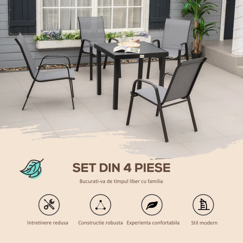 Outsunny Set de 4 Scaune de Grădină Stivuibile, Scaune de Exterior cu Cotiere din Metal și Țesătură Respirabilă, 54x75.5x95 cm, Gri