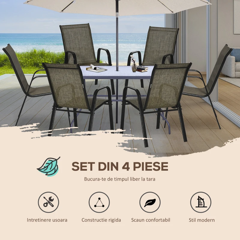 Outsunny Set 6 Piese Scaune de Gradina cu Cotiere, Scaune de Exterior Stivuibile din Metal si Tesatura Respirabila, Maro