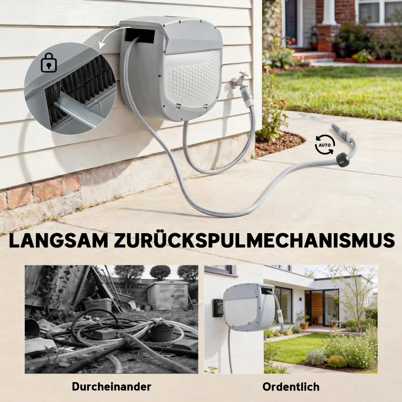 Outsunny Slanghaspel met tuinslang 30 m, 180° draaibare slangbox met automatische oprolling en zelfvergrendeling