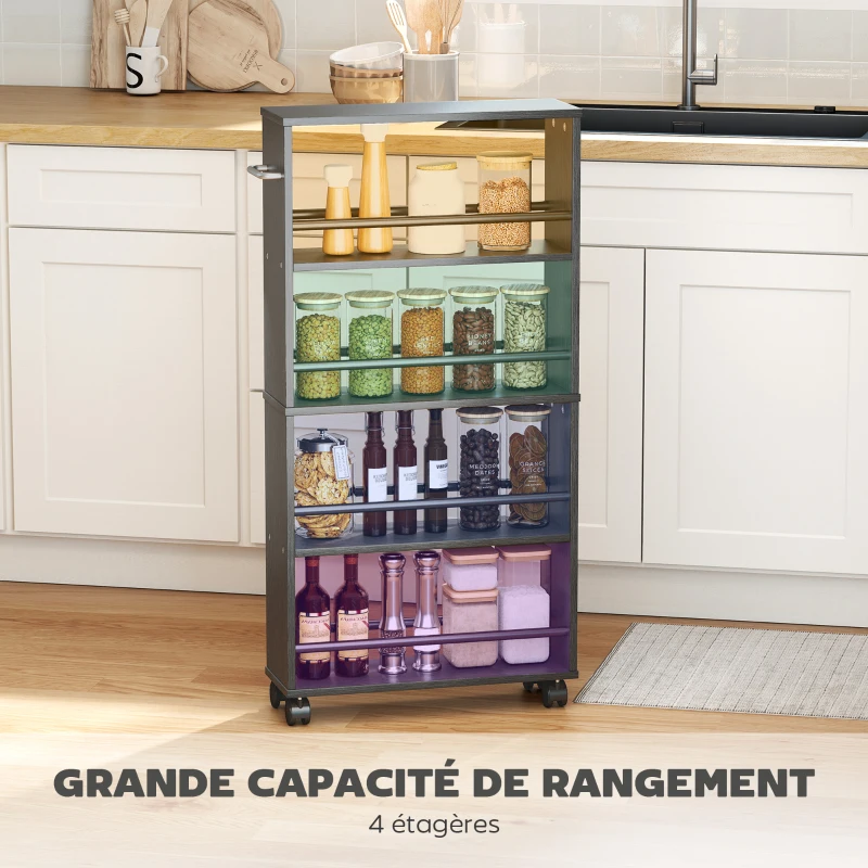 HOMCOM Chariot de rangement à 4 niveaux, desserte à roulettes avec poignées, desserte étroite, 45 x 15 x 91 cm, noir