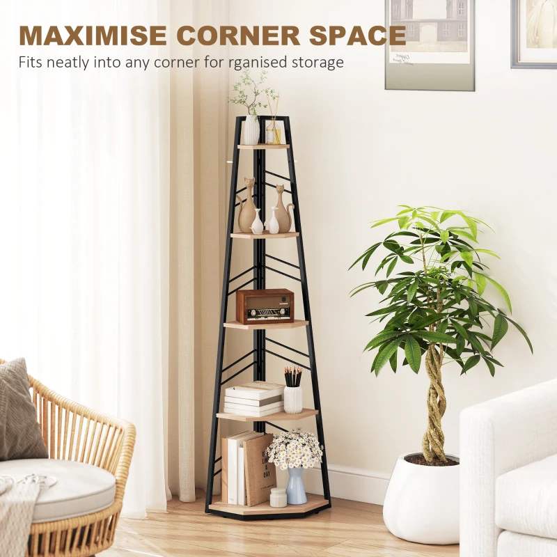 HOMCOM Corner Bookcase, 5-Tier Floor Standing Bookshelf, Shelving Unit for Living Room, Study, Bedroom, Natural Wood Finish