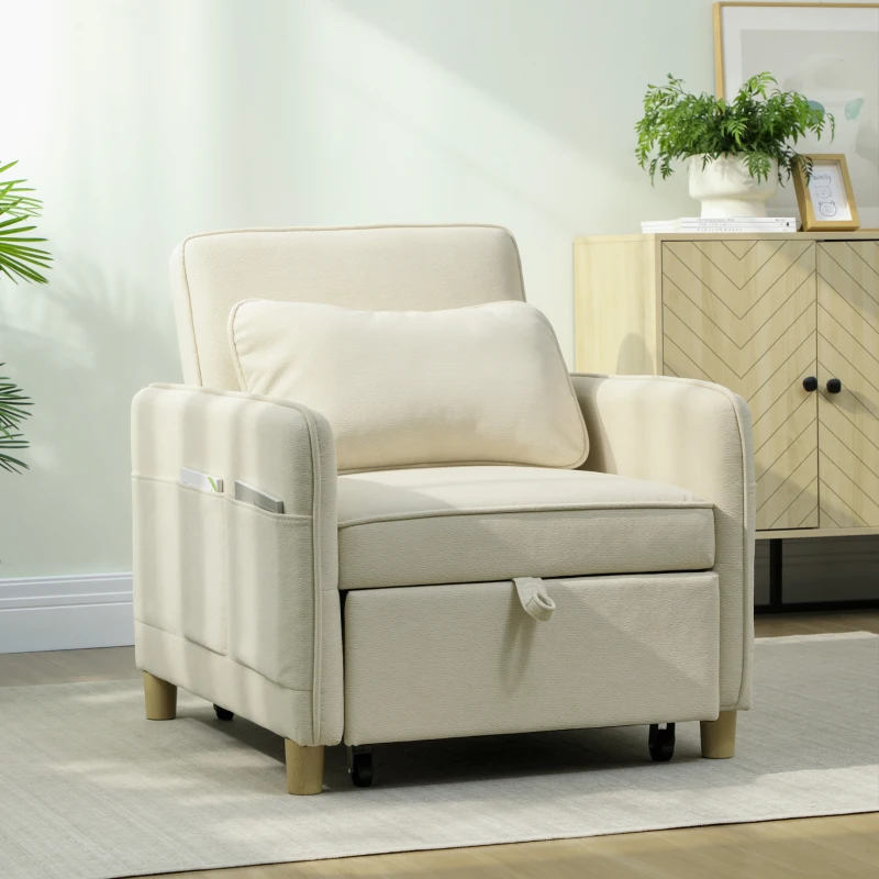 HOMCOM Schlafsessel 3 in 1 Umwandelbarer Sessel mit Bettfunktion, Breiter Sitzfläche für Wohnzimmer, Beige