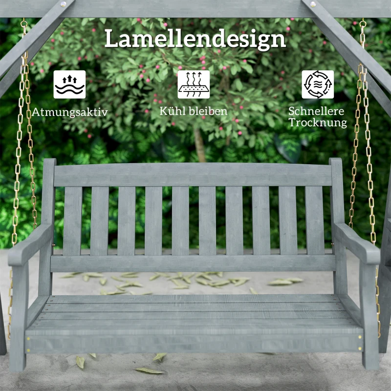 Outsunny 2-persoons tuinschommel, houten schommelbank met planken, bekerhouders en metalen kettingen, grijs