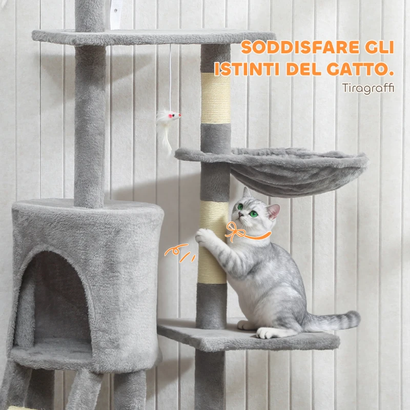 PawHut Torre per Gatti con Casetta, Trespolo, Piattaforme e 4 Topolini, in Legno, Peluche e Sisal, 60x35x134 cm, Grigio