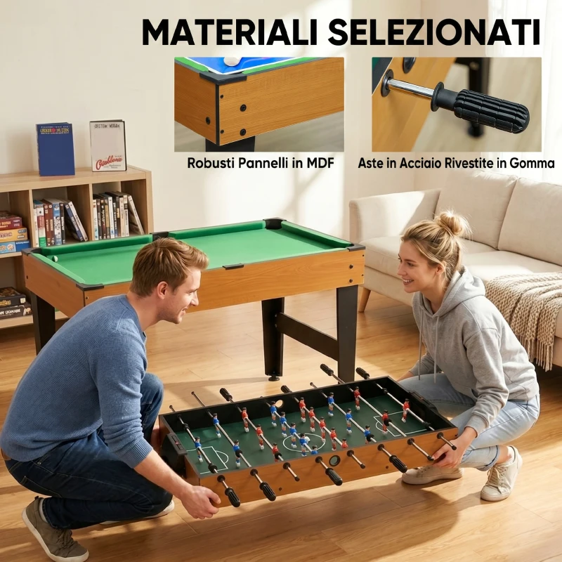HOMCOM Mesa Multijuegos 4 en 1 con Futbolín Billar Hockey de Mesa y Ping-pong para Niños y Adultos 107x61x84,5 cm Natural
