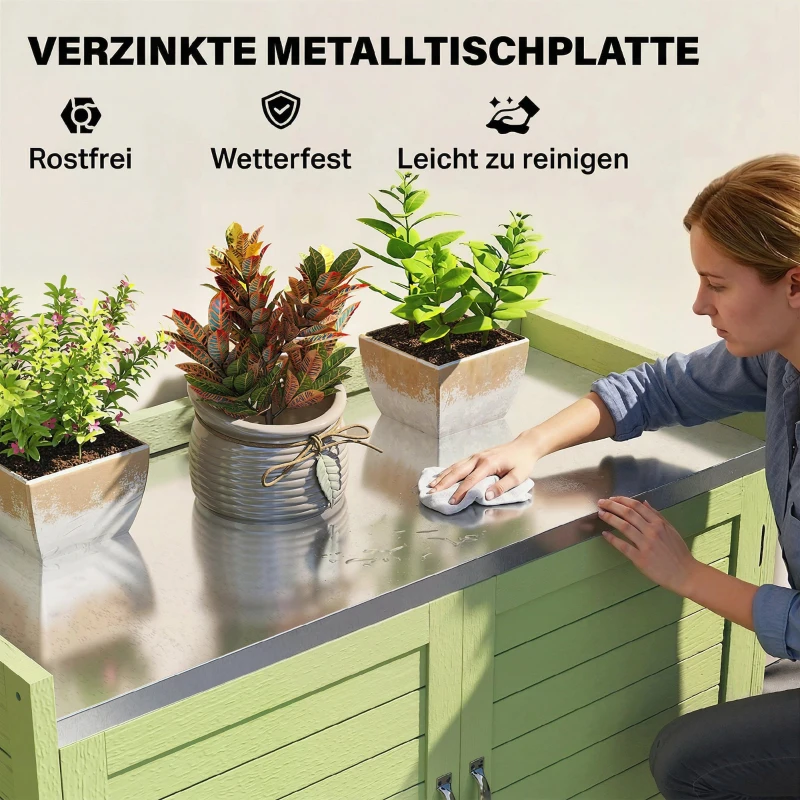 Outsunny Plantentafel met opbergkast van hout, buitenkast met verzinkt werkblad, 3 planken, 88x40x70,5 cm, groen