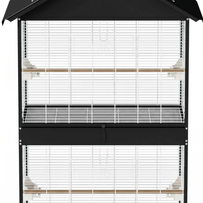 PawHut Grote vogelvolière met uitneembare scheidingswand, 2 deuren, 4 houten zitstokken, wielen, 2 lades en 6 voerbakjes, XXL