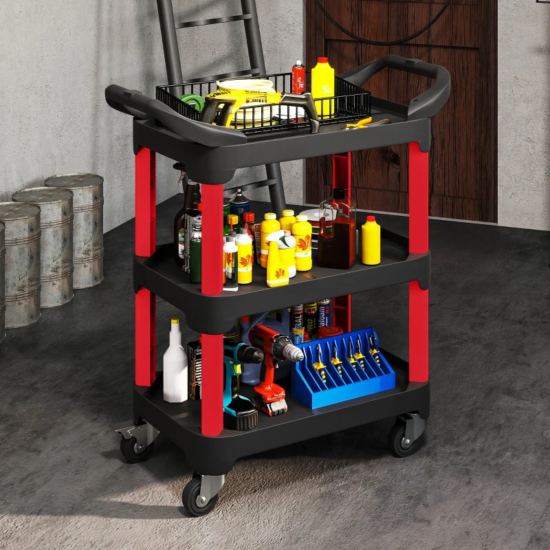 HOMCOM Gereedschapswagen met 3 Niveaus, Zijhandvatten, Wielen, Kunststof, Zwart