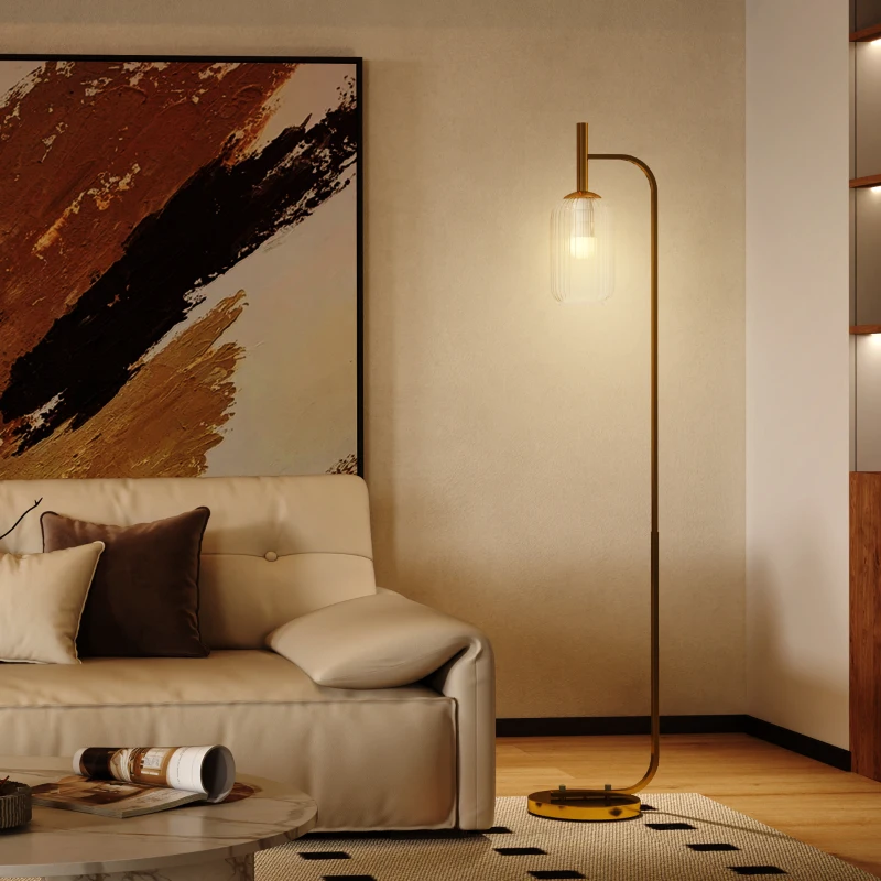 HOMCOM LED Floor Lamp for Living Room with Glass Lampshade, Modern Standing Lamp with Foot Switch, Adjustable Brightness, 2700K for Bedroom, Gold Tone