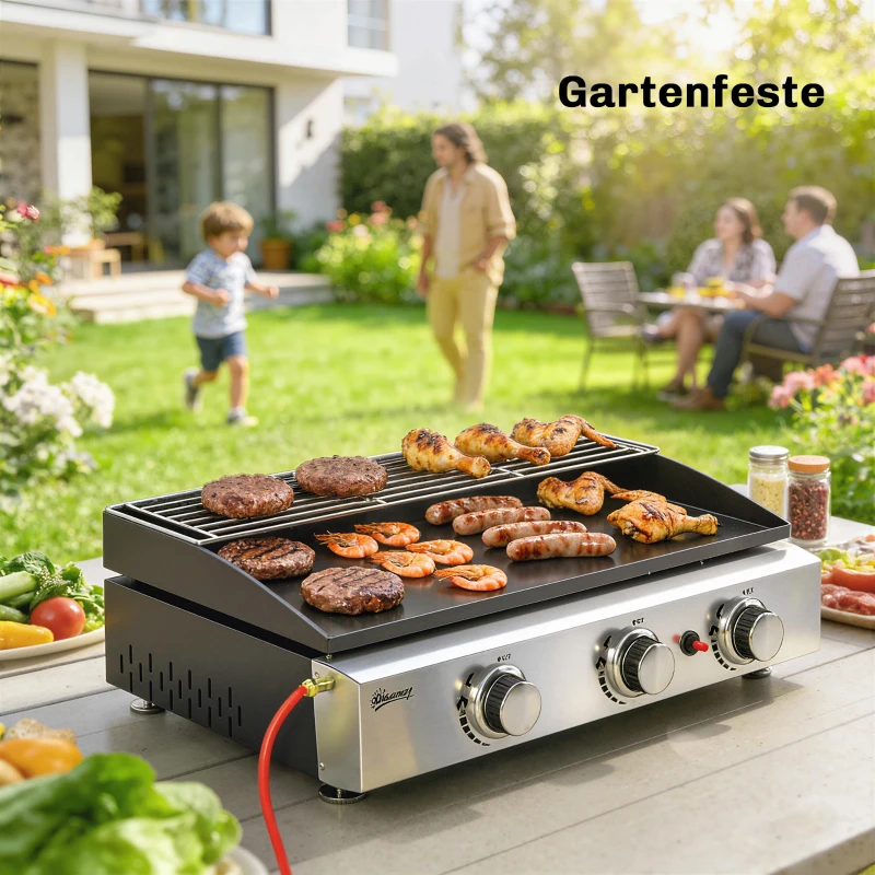 Outsunny Gasbarbecue 7,5 KW Draagbare Tafelbarbecue met 3 Branders Keramische Coating Grillrooster Warmhoudrek