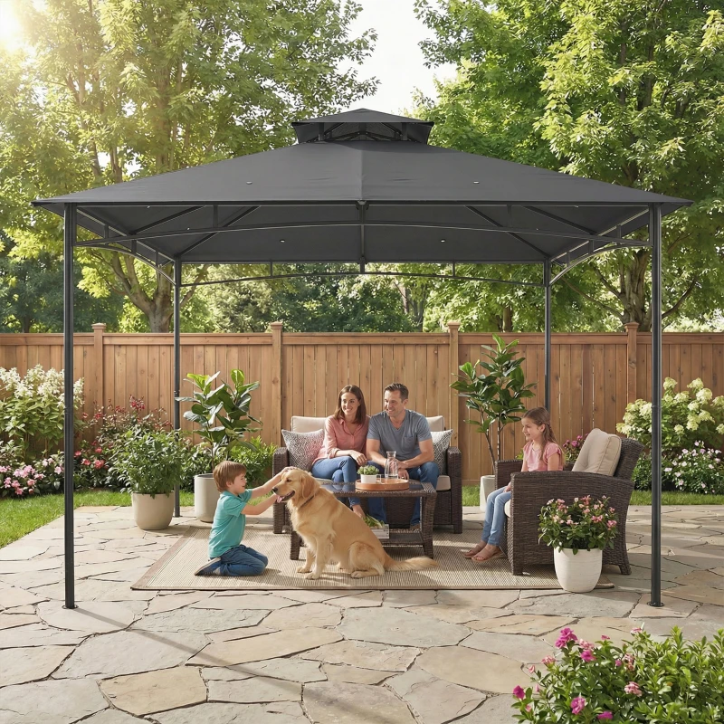 Outsunny Paviljoen 3x3 m waterafstotend stevig tuinpaviljoen met uitschuifbaar bovenframe en dubbeldak donkergrijs