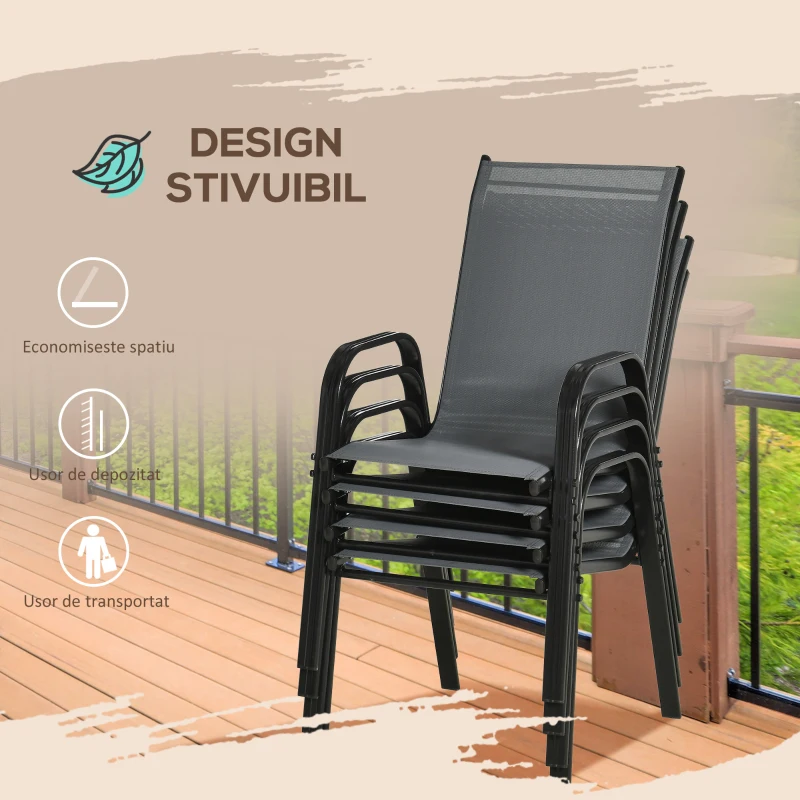 Outsunny Set de 4 Scaune de Grădină Stivuibile, Scaune de Exterior cu Cotiere din Metal și Țesătură Respirabilă, 54x75.5x95 cm, Gri