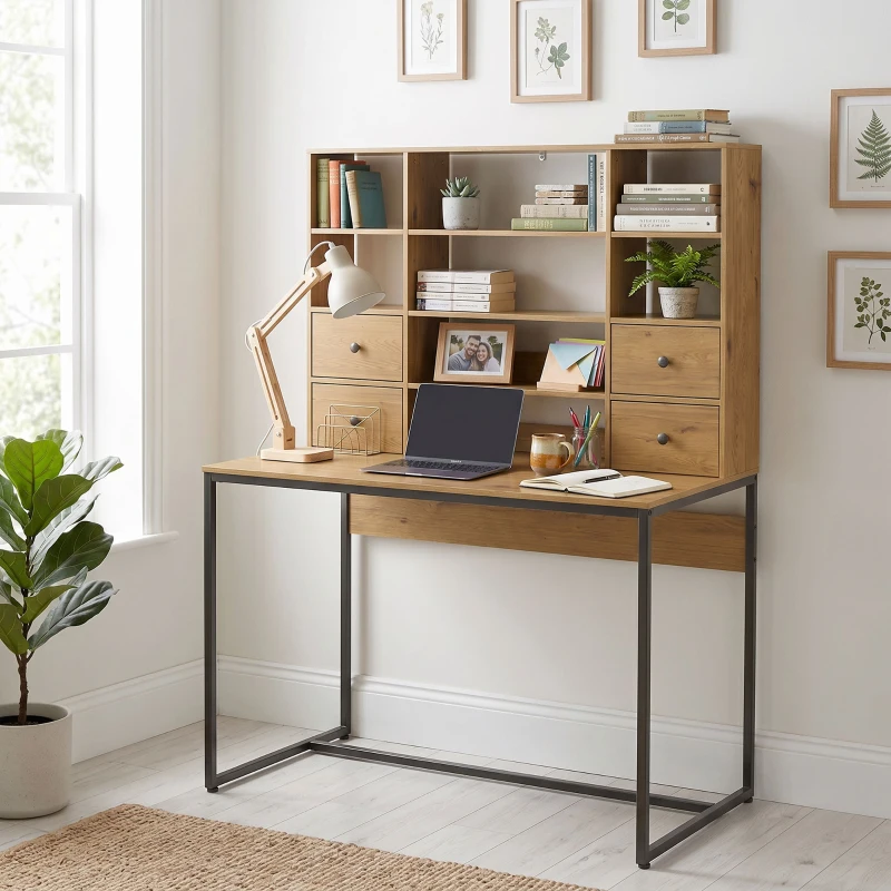 HOMCOM Birou pentru computer cu 4 sertare, 105 x 60 cm, birou cu depozitare, rafturi deschise, 105 x 60 cm, lemn natural