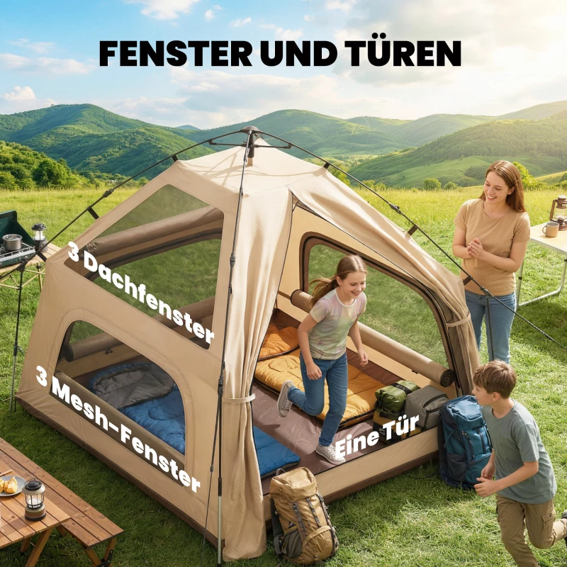 Outsunny Instant Pop-Up Tent met Regenschutz, Waterdicht Koepeltent voor 2-3 Personen met Grondzeil, 4 Ramen, 235x235x184cm, Khaki